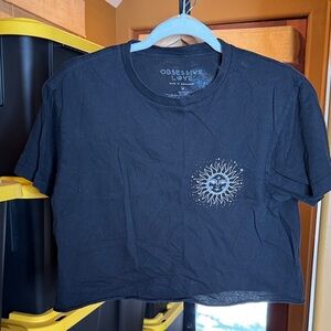 NWOT Obsessive Love Black Crop Top with Sun Moon Starts Design Tee Size Medium